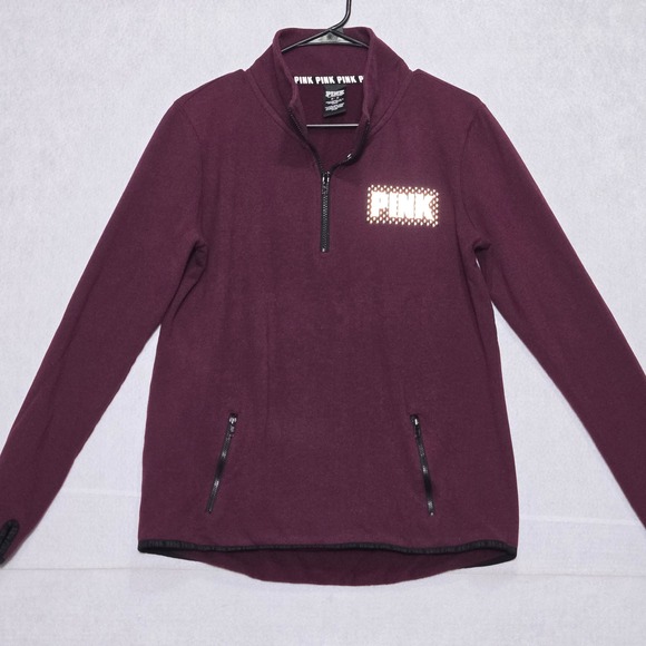 PINK Victoria Secret Maroon Fleece Quarter Zip Pullover Sweatshirt Women Medium - Picture 2 of 8
